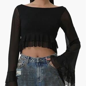 NWOT AFRM Inaya Black Cropped Top With Peplum Bottom & Sheer Bell Sleeve  Size M